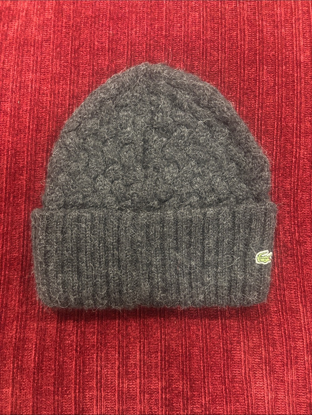 Lacoste Charcoal Gray Ribbed Alpaca Beanie